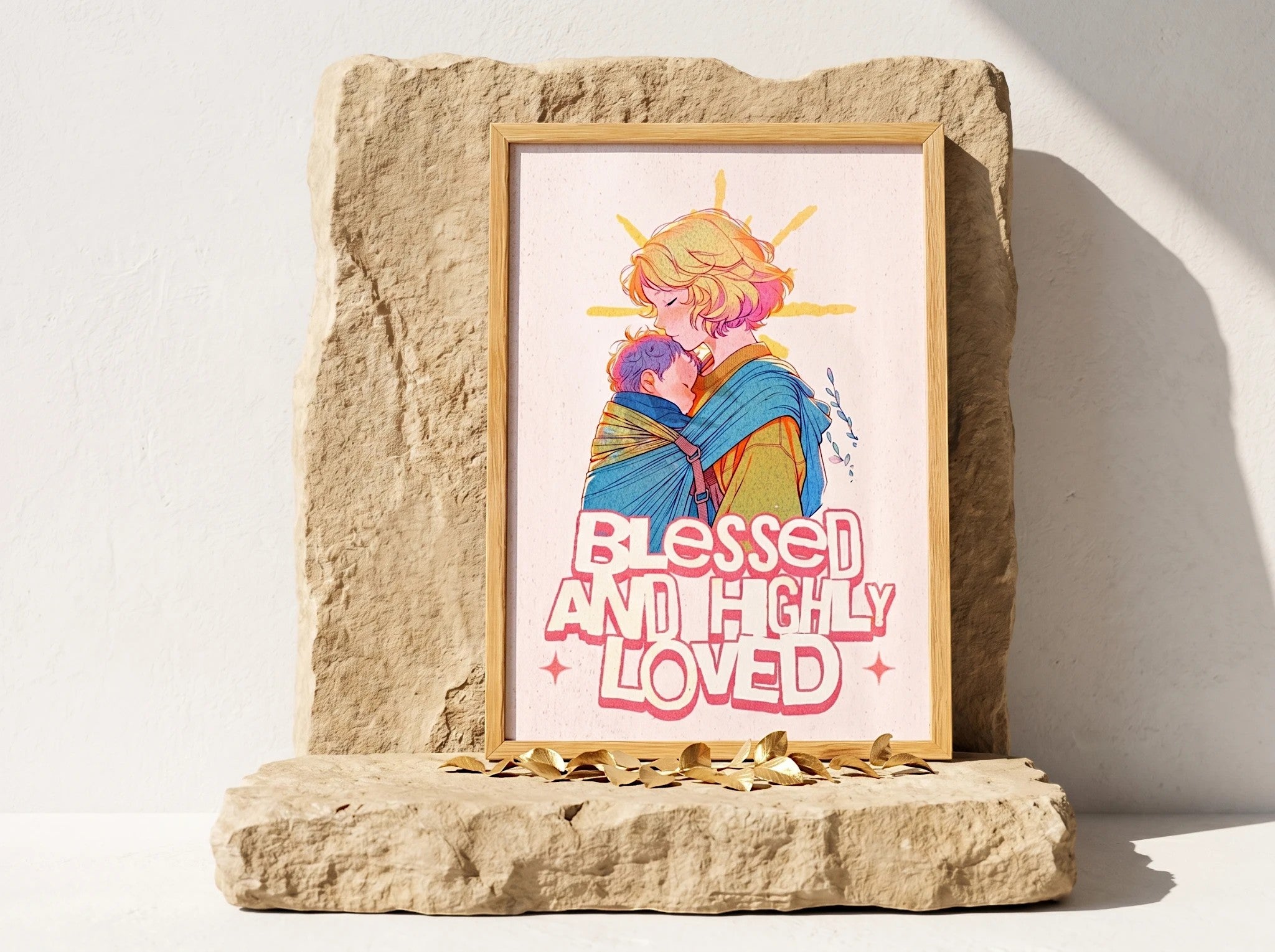 Affiche Essences Agape avec illustration mère et enfant, texte 