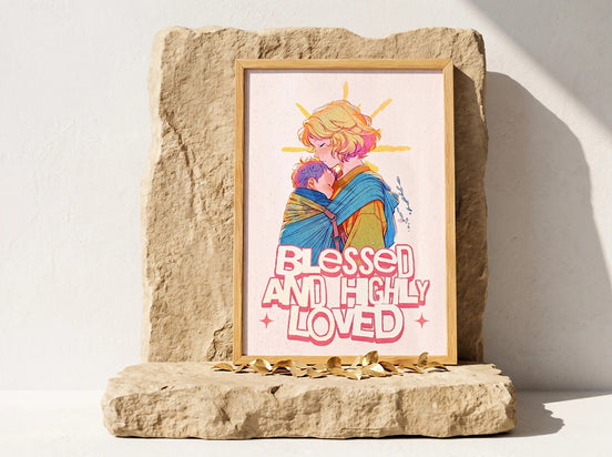 Affiche Essences Agape avec illustration mère et enfant, texte "Blessed and Highly Loved", style anime, couleurs vives, ambiance spirituelle.
