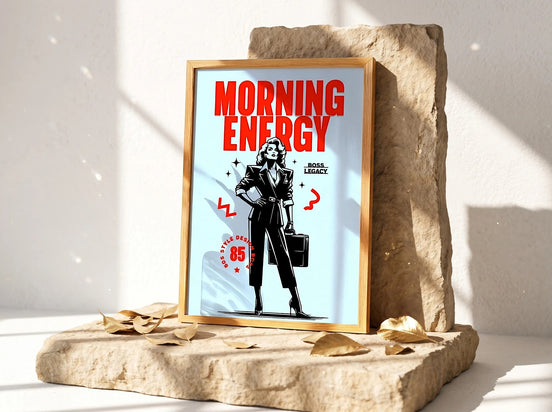 Affiche Essences Agape "Morning Energy" style rétro années 80, femme d'affaires en tailleur noir, porte-documents, fond bleu clair, texte rouge.