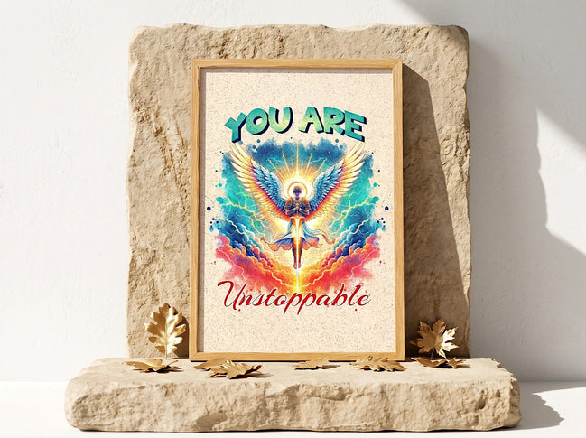 Affiche Essences Agape "You Are Unstoppable" avec un ange aux ailes déployées, art de motivation, psychologie, couleurs vives.