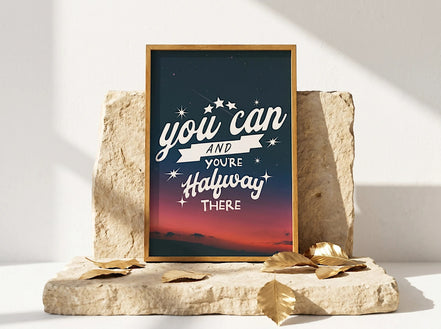 Affiche Essences Agape avec citation de motivation "you can and you're halfway there" sur fond de ciel étoilé et coucher de soleil.