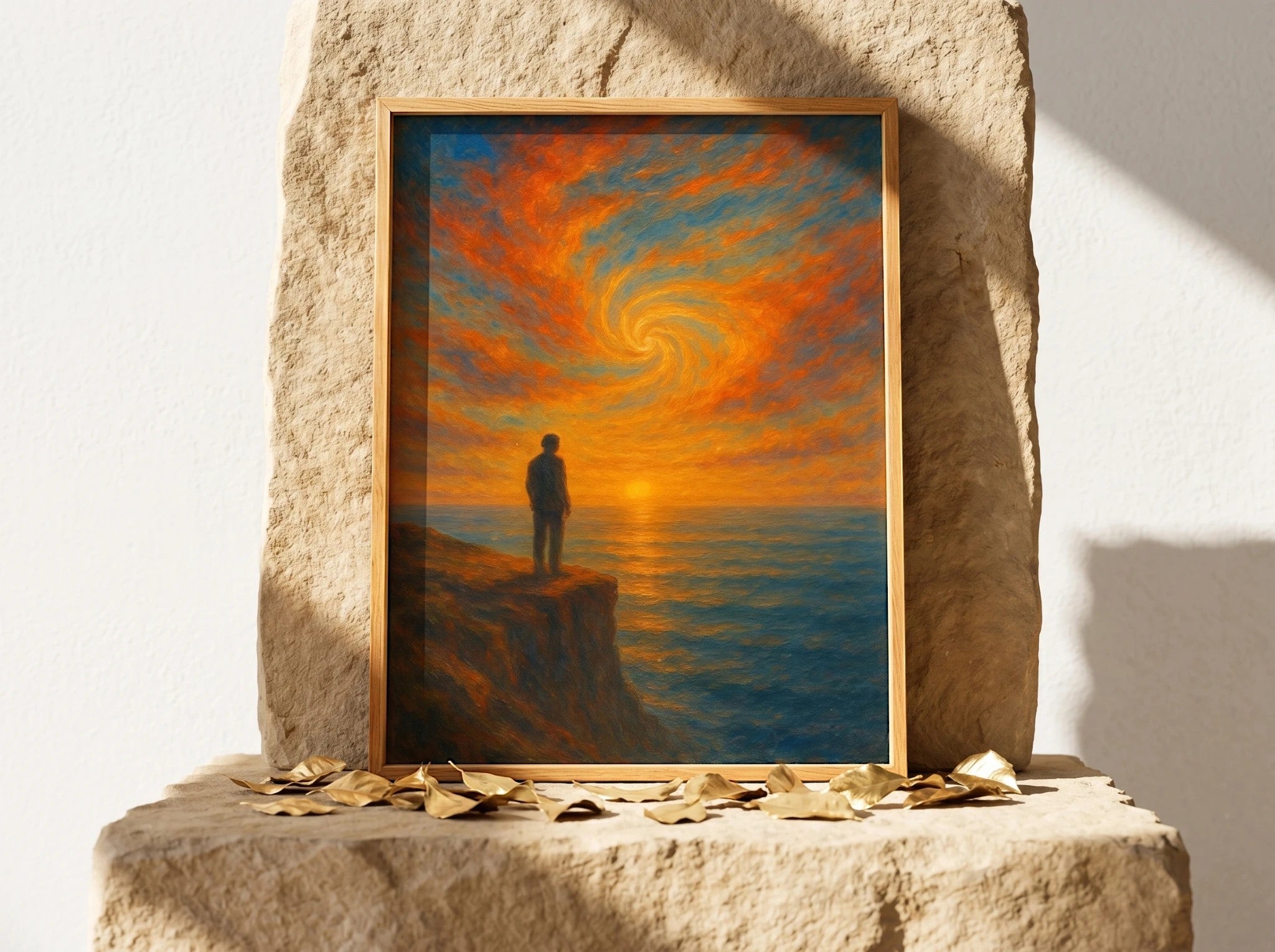 Essences Agape affiche paysage cosmos, homme contemplant une spirale céleste au coucher du soleil sur la mer.