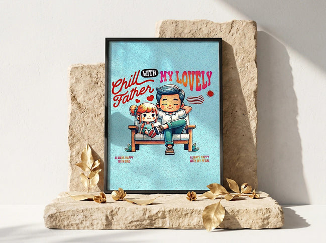 Affiche murale Essences Agape avec un père et sa fille assis sur un banc, illustration style dessin animé, fond bleu ciel, texte "Chill with my lovely Father".