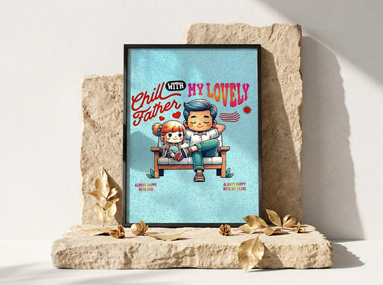 Affiche murale Essences Agape avec un père et sa fille assis sur un banc, illustration style dessin animé, fond bleu ciel, texte "Chill with my lovely Father".