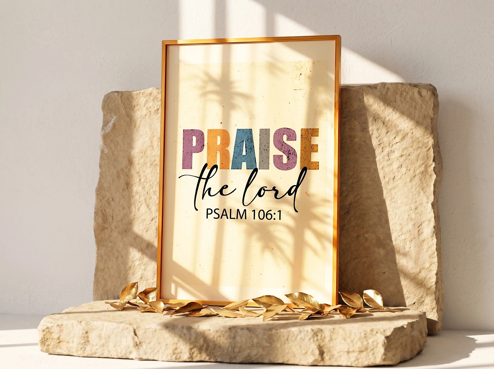 Affiche Essences Agape avec le message 'Praise the Lord' Psaume 106:1 en lettres multicolores et calligraphie, cadre doré, décoration murale foi.