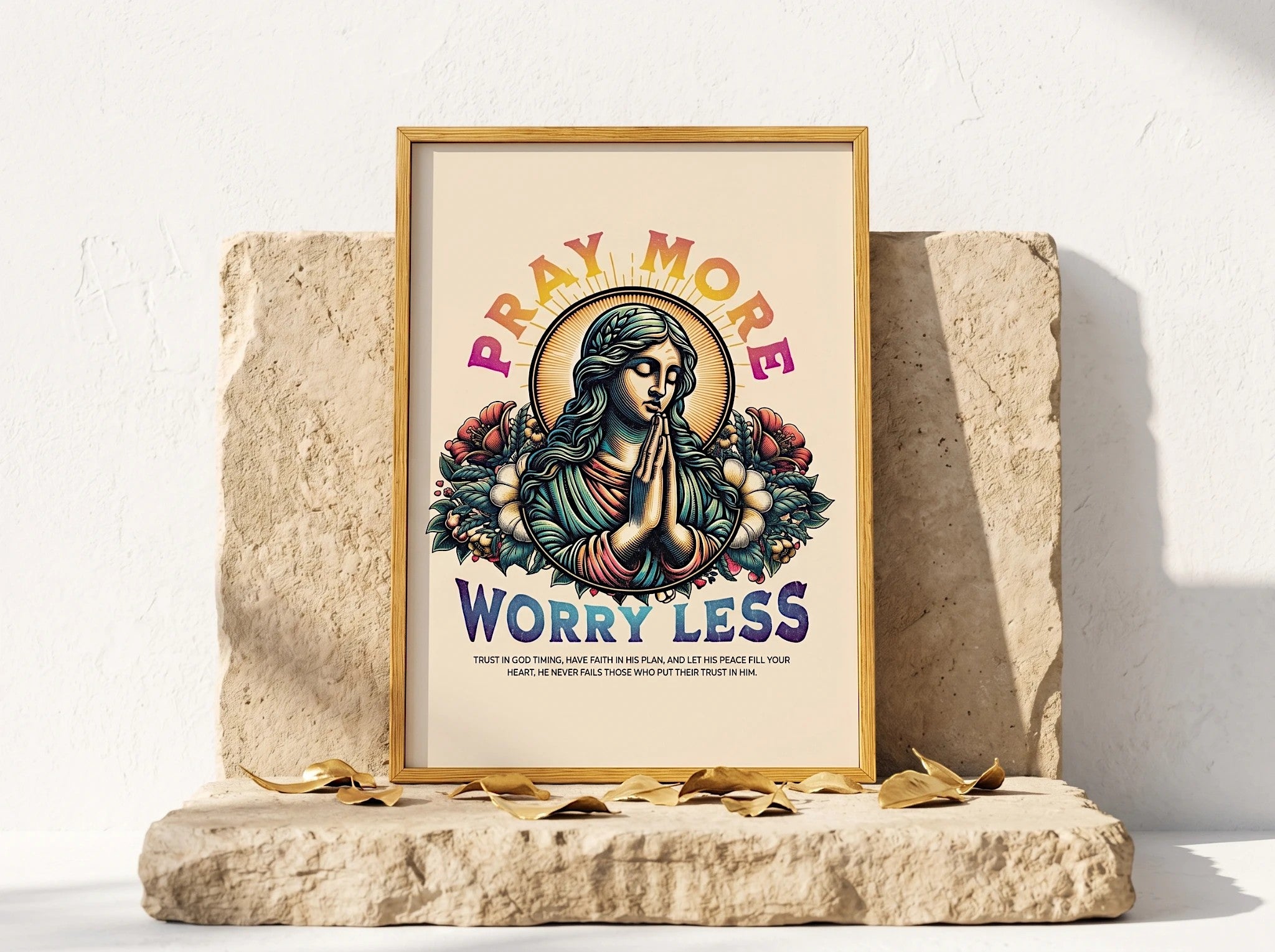 Essences Agape affiche religieuse avec une figure priant, entourée de fleurs, texte 