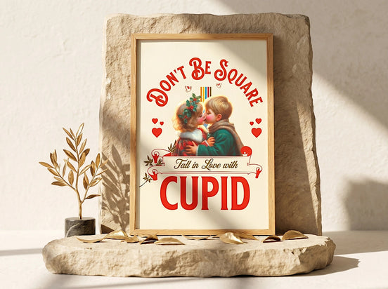 Affiche Essences Agape avec deux enfants s'embrassant, texte "Don't Be Square, Fall in Love with Cupid". Style vintage, couleurs rouge et crème.