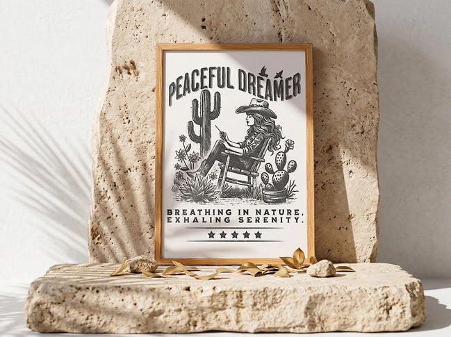 Affiche Essences Agape "Peaceful Dreamer" avec une femme en chapeau de cowboy assise dans un fauteuil, entourée de cactus et de nature. Texte : "Breathing in nature, exhaling serenity."