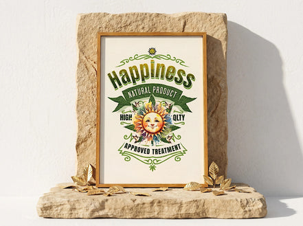 Affiche Essences Agape "Happiness Natural Product" avec un soleil souriant, symbolisant le bien-être et la psychologie positive. Cadre en bois.
