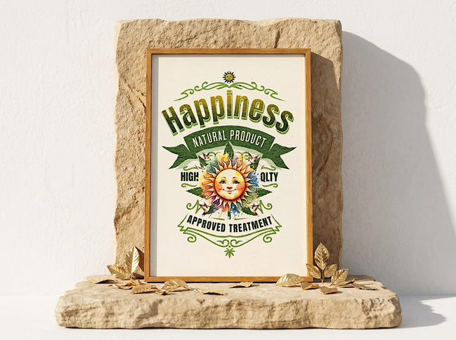 Affiche Essences Agape "Happiness Natural Product" avec un soleil souriant, symbolisant le bien-être et la psychologie positive. Cadre en bois.