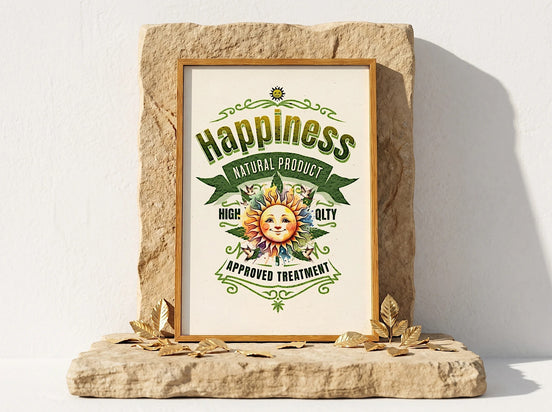 Affiche Essences Agape "Happiness Natural Product" avec un soleil souriant, symbolisant le bien-être et la psychologie positive. Cadre en bois.