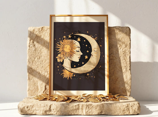 Affiche Essences Agape : Soleil et Lune anthropomorphes, art astrologique doré sur fond étoilé, style ésotérique.