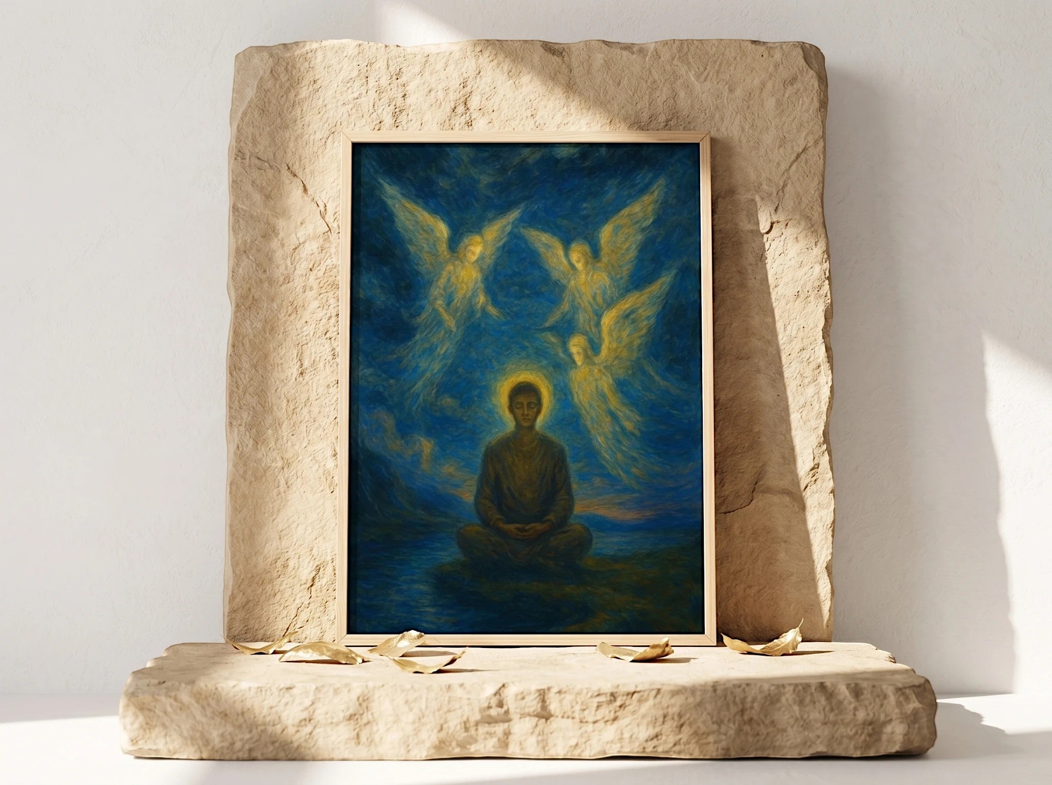 Essences Agape affiche spirituelle, trois anges dorés entourent une silhouette méditant dans un paysage bleu profond.