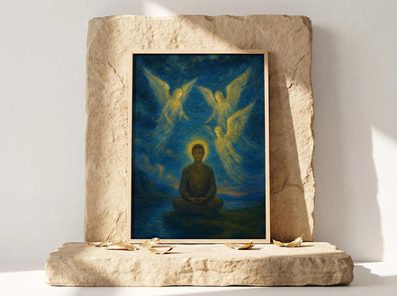 Essences Agape affiche spirituelle, trois anges dorés entourent une silhouette méditant dans un paysage bleu profond.