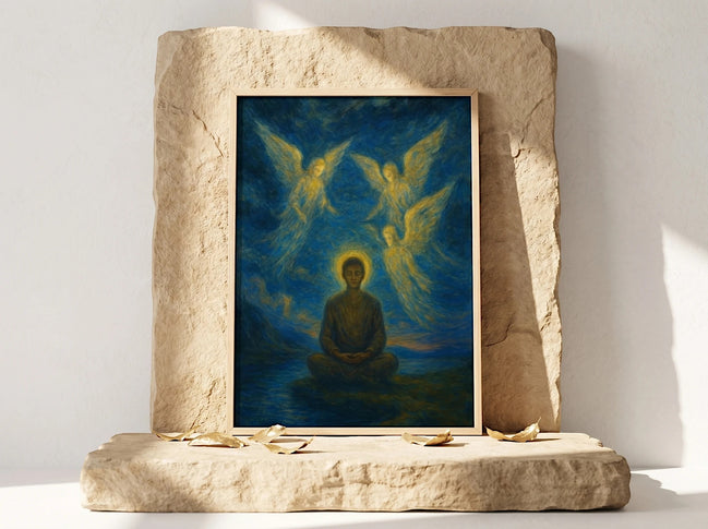 Essences Agape affiche spirituelle, trois anges dorés entourent une silhouette méditant dans un paysage bleu profond.