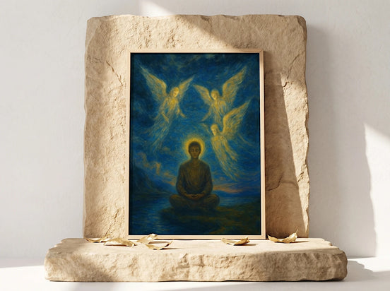 Essences Agape affiche spirituelle, trois anges dorés entourent une silhouette méditant dans un paysage bleu profond.