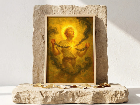 Essences Agape : Affiche spirituelle d'un homme brisant ses chaînes, entouré d'or et de fumée sombre. Art français.