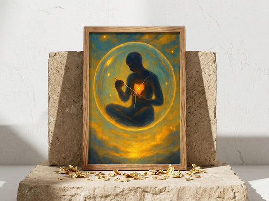 Affiche spirituelle Essences Agape, silhouette méditant au cœur réparé d'or, dans un halo céleste bleu et jaune.