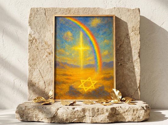 Affiche Essences Agape : croix lumineuse, arc-en-ciel et étoile de David sur fond abstrait, art spirituel français.