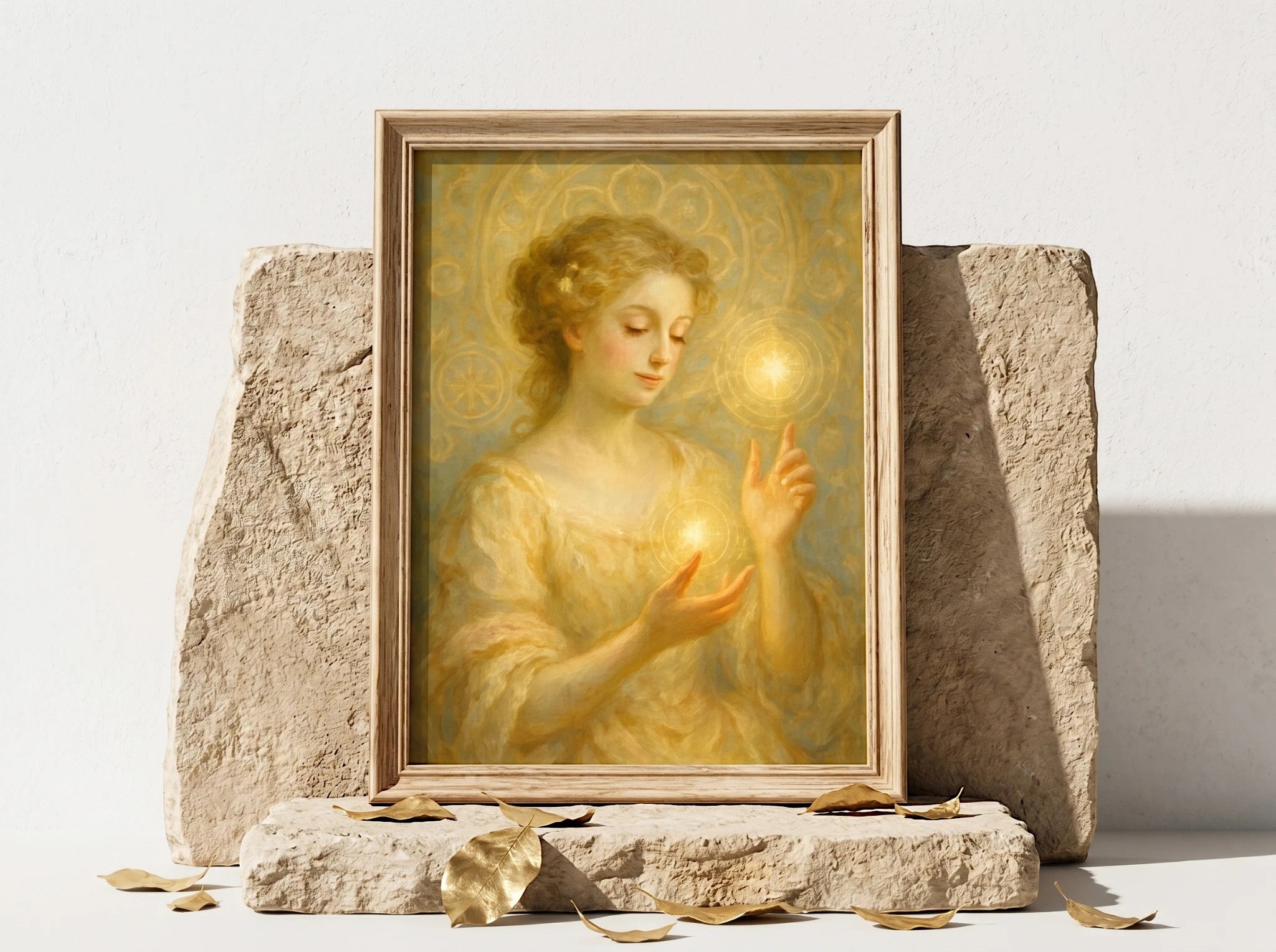 Essences Agape : Affiche spirituelle positive d'une femme aux cheveux blonds, tenant des lumières dorées dans ses mains, style peinture française.