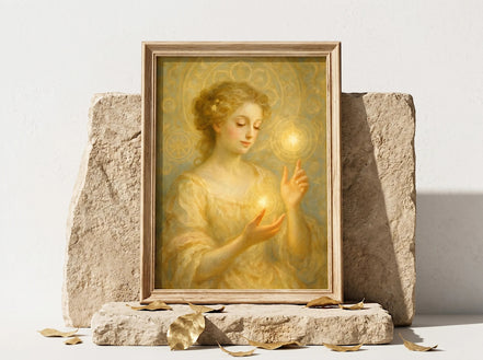 Essences Agape : Affiche spirituelle positive d'une femme aux cheveux blonds, tenant des lumières dorées dans ses mains, style peinture française.