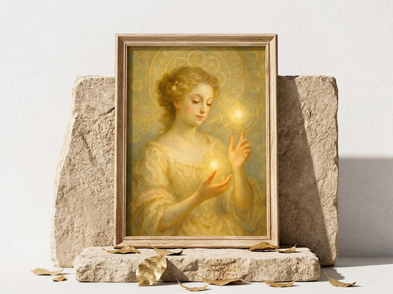 Essences Agape : Affiche spirituelle positive d'une femme aux cheveux blonds, tenant des lumières dorées dans ses mains, style peinture française.