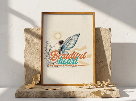 Essences Agape affiche spirituelle imprimable, femme aux ailes de papillon, citation positive "Beautiful heart, you don't have to be perfect to be amazing".