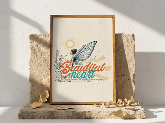 Essences Agape affiche spirituelle imprimable, femme aux ailes de papillon, citation positive "Beautiful heart, you don't have to be perfect to be amazing".