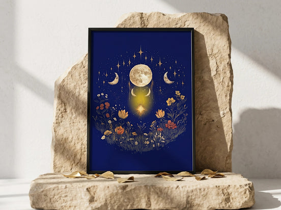 Affiche Essences Agape, art spirituel avec lune, phases lunaires et fleurs sur fond bleu nuit étoilé.