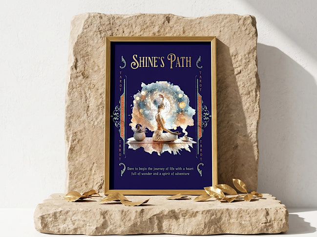 Affiche Essences Agape "Shine's Path" avec une femme méditant dans un vortex cosmique, art spirituel, citation inspirante, fond bleu nuit.