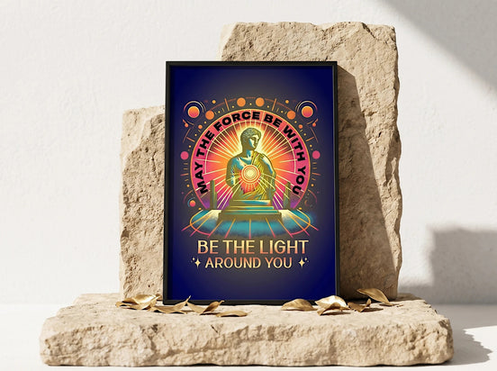 Affiche Essences Agape "May the Force Be With You" avec une statue divine rayonnante, message spirituel et motivationnel.