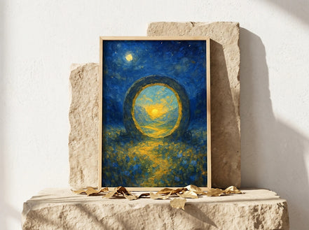 Essences Agape affiche spirituelle, peinture d'un portail lunaire doré sur fond bleu nuit, style impressionniste.