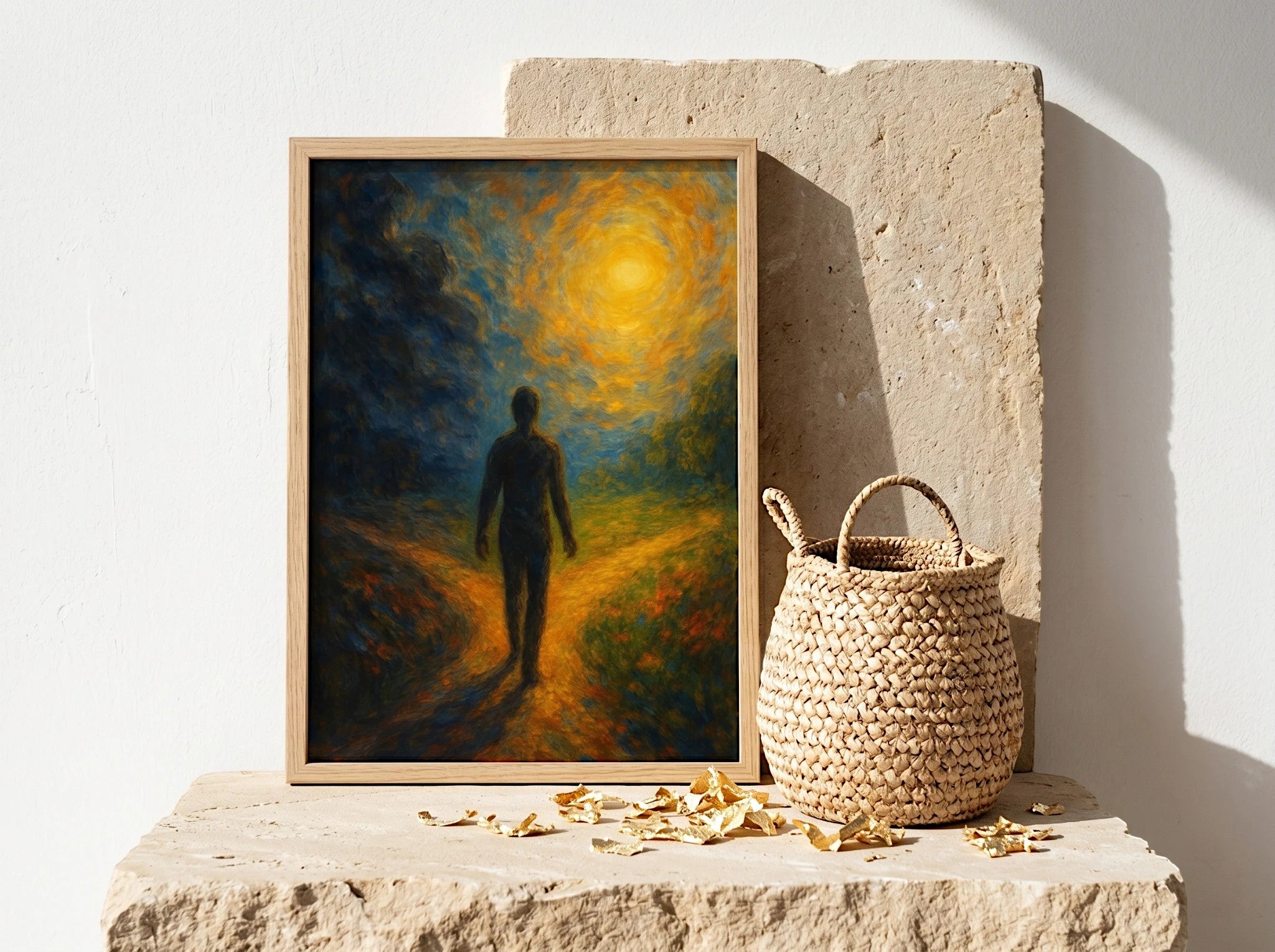 Essences Agape - Affiche spirituelle, homme marchant vers un soleil éclatant, art impressionniste, couleurs chaudes et froides, symbolisant l'espoir et le choix.