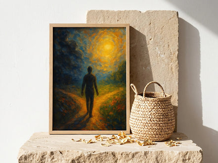 Essences Agape - Affiche spirituelle, homme marchant vers un soleil éclatant, art impressionniste, couleurs chaudes et froides, symbolisant l'espoir et le choix.