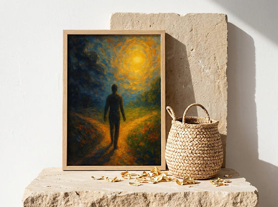 Essences Agape - Affiche spirituelle, homme marchant vers un soleil éclatant, art impressionniste, couleurs chaudes et froides, symbolisant l'espoir et le choix.
