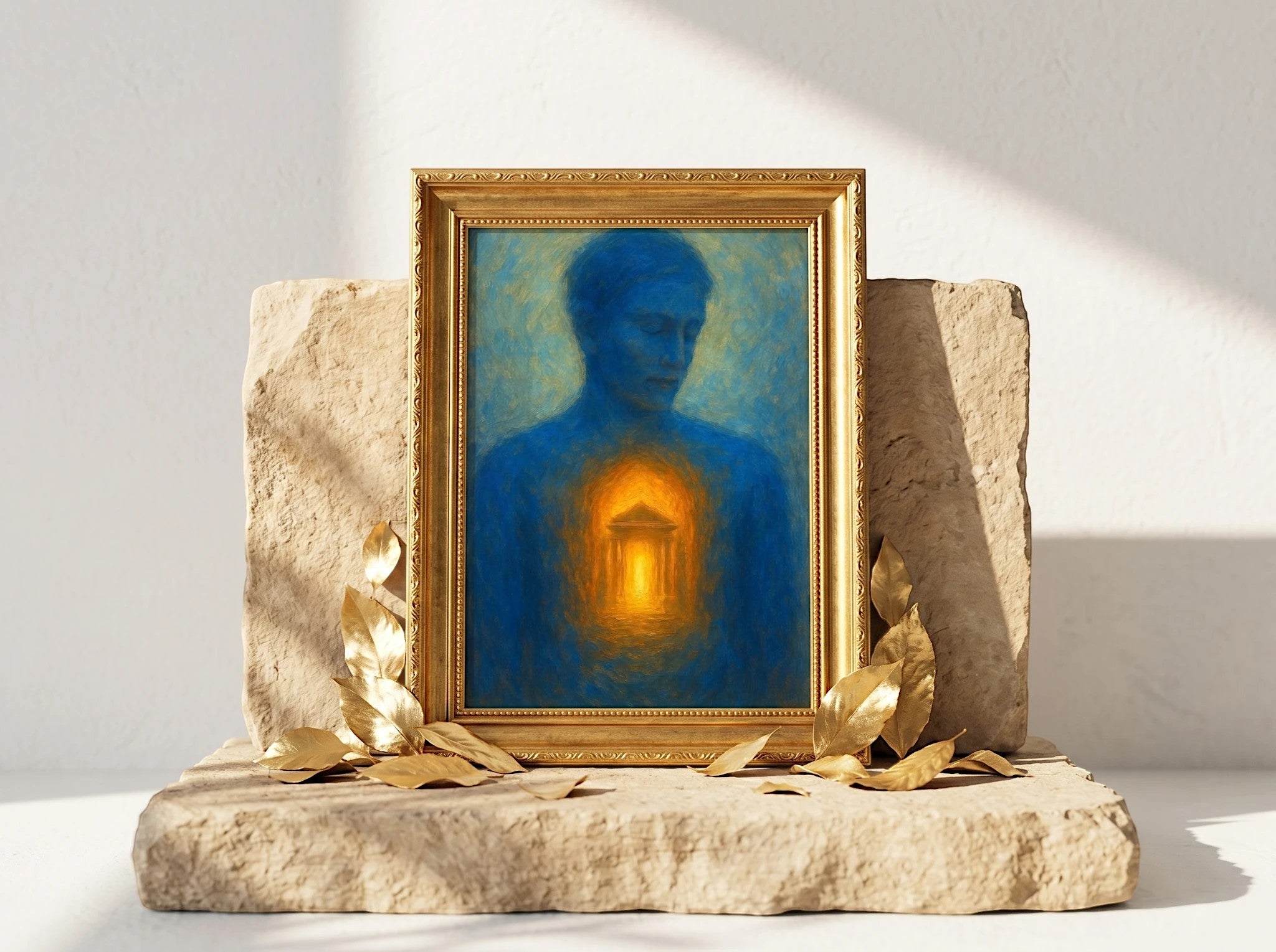 Essences Agape : Affiche spirituelle bleue et dorée représentant une silhouette intérieure avec un temple lumineux au centre, art psychologique.