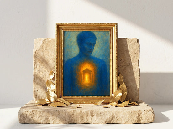 Essences Agape : Affiche spirituelle bleue et dorée représentant une silhouette intérieure avec un temple lumineux au centre, art psychologique.
