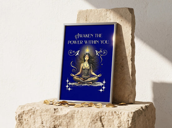 Affiche Essences Agape, art spirituel, femme méditant en position lotus, citation "Awaken the Power Within You", fond bleu nuit, style illustration.