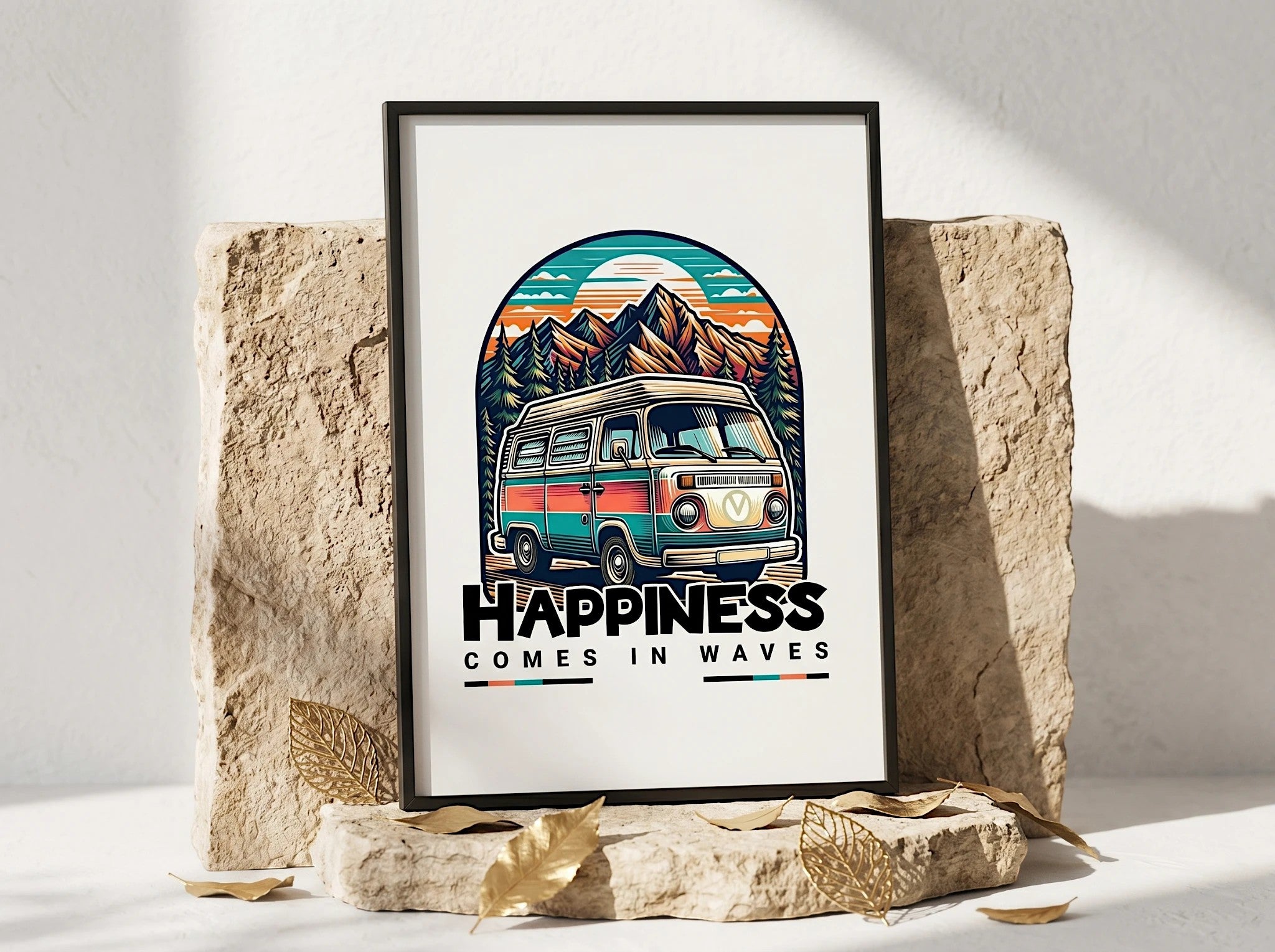 Affiche Essences Agape avec un van hippie coloré devant des montagnes et des arbres, texte 
