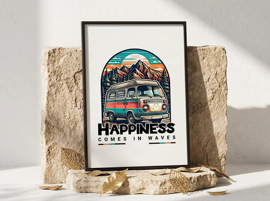 Affiche Essences Agape avec un van hippie coloré devant des montagnes et des arbres, texte "Happiness Comes in Waves".