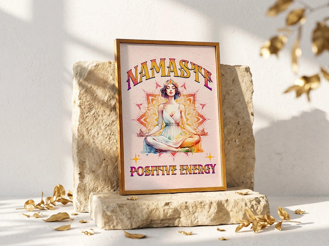 Affiche Essences Agape "Namaste Positive Energy" avec une femme en méditation, art spirituel, couleurs vives, 120 caractères max.