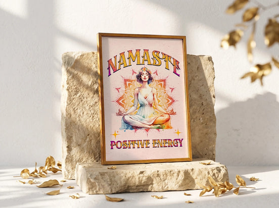 Affiche Essences Agape "Namaste Positive Energy" avec une femme en méditation, art spirituel, couleurs vives, 120 caractères max.