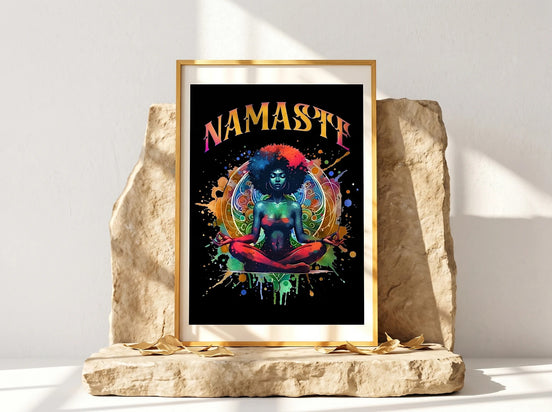 Affiche yoga Namaste Essences Agape, femme en méditation, couleurs vibrantes, art spirituel, énergie positive, décoration zen.