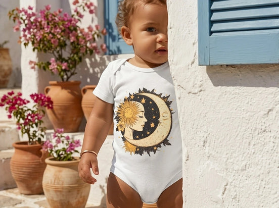 Body blanc à manches longues Essences Agape pour bébé, orné d'un motif soleil et lune stylisé avec des étoiles dorées. Coton doux.