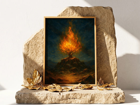 Essences Agape - Peinture d'un buisson ardent sur une colline, art spirituel français, couleurs chaudes, style expressionniste et symbolique.