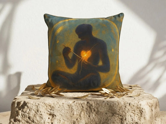 Essences Agape coussin cœur guérison, silhouette homme méditant, cœur lumineux, décoration zen spirituelle, coton.