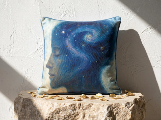 Coussin carré Essences Agape bleu nuit avec un profil de femme et un motif de galaxie, idéal pour la méditation.