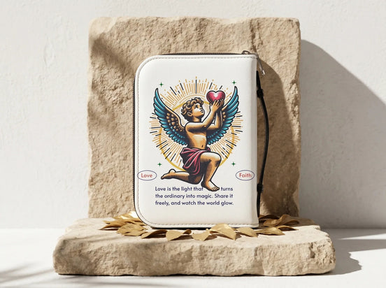 Essences Agape, couverture de Bible blanche avec un ange tenant un cœur, texte "Believe in God" et "Love is the light".