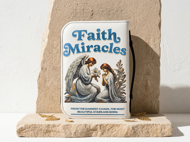 Essences Agape : Étui blanc en cuir PU pour Bible avec illustration d'ange et citation "Faith Miracles".