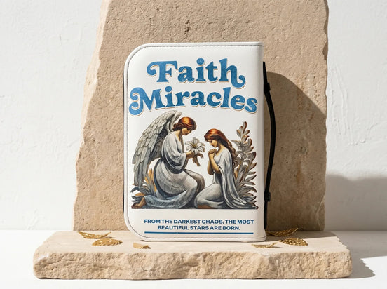 Essences Agape : Étui blanc en cuir PU pour Bible avec illustration d'ange et citation "Faith Miracles".